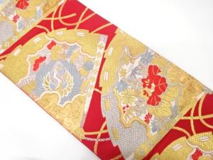 アンティーク　桧扇に鶴・桐模様織り出し袋帯（着用可）